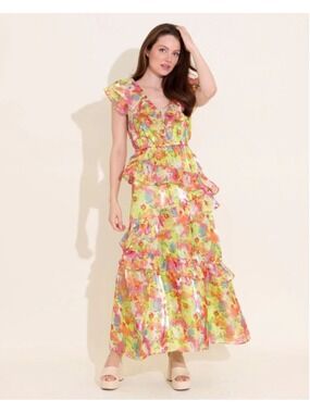 Women's Alden Adair Maxi Dress S Yellow Pink Floral Ruffle